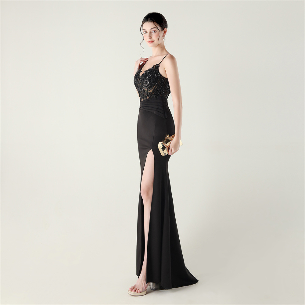 Pinched waist banquet applique creased sexy evening dress