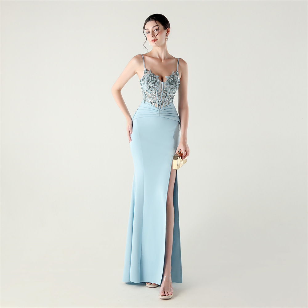 Pinched waist banquet applique creased sexy evening dress
