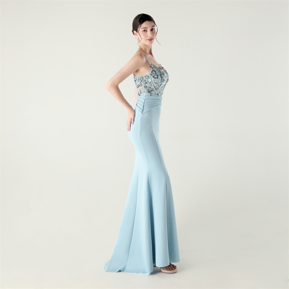 Pinched waist banquet applique creased sexy evening dress
