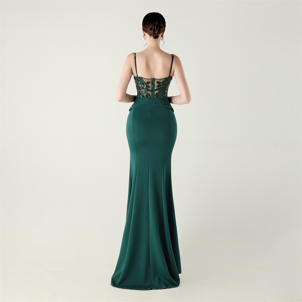 Pinched waist banquet applique creased sexy evening dress