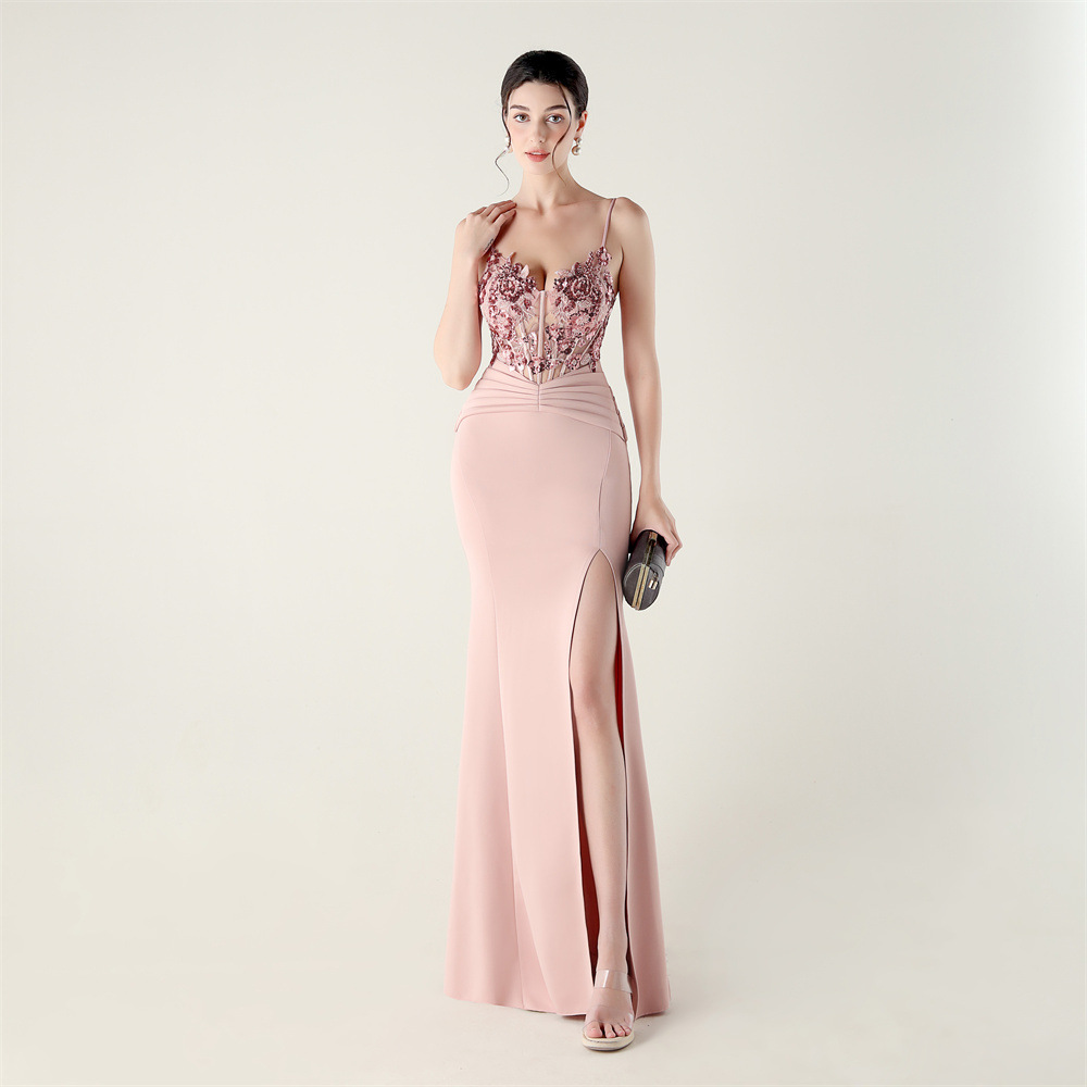 Pinched waist banquet applique creased sexy evening dress