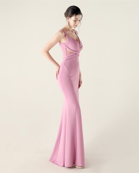 Cross gauze hollow V-neck banquet slim crimp evening dress
