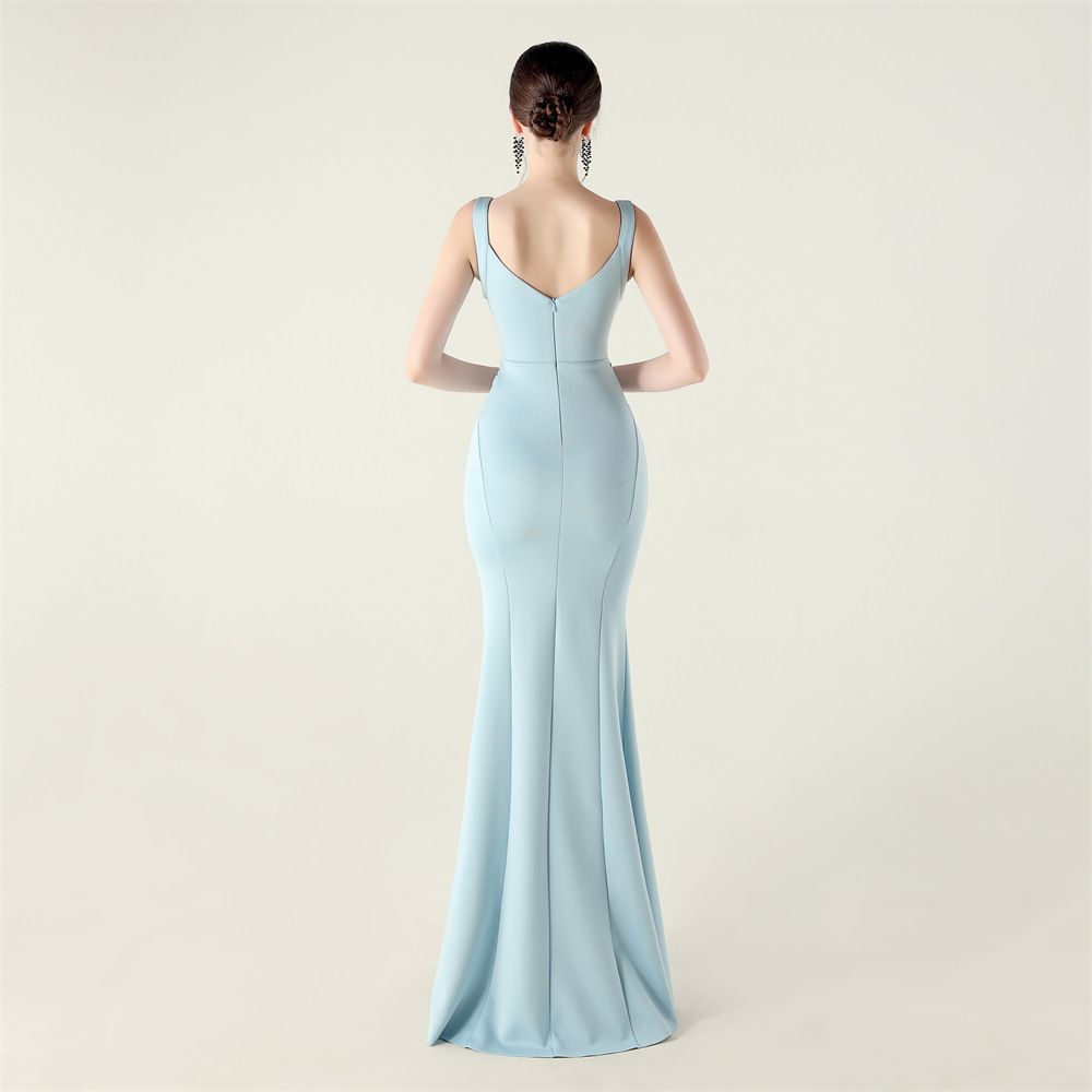 Cross gauze hollow V-neck banquet slim crimp evening dress