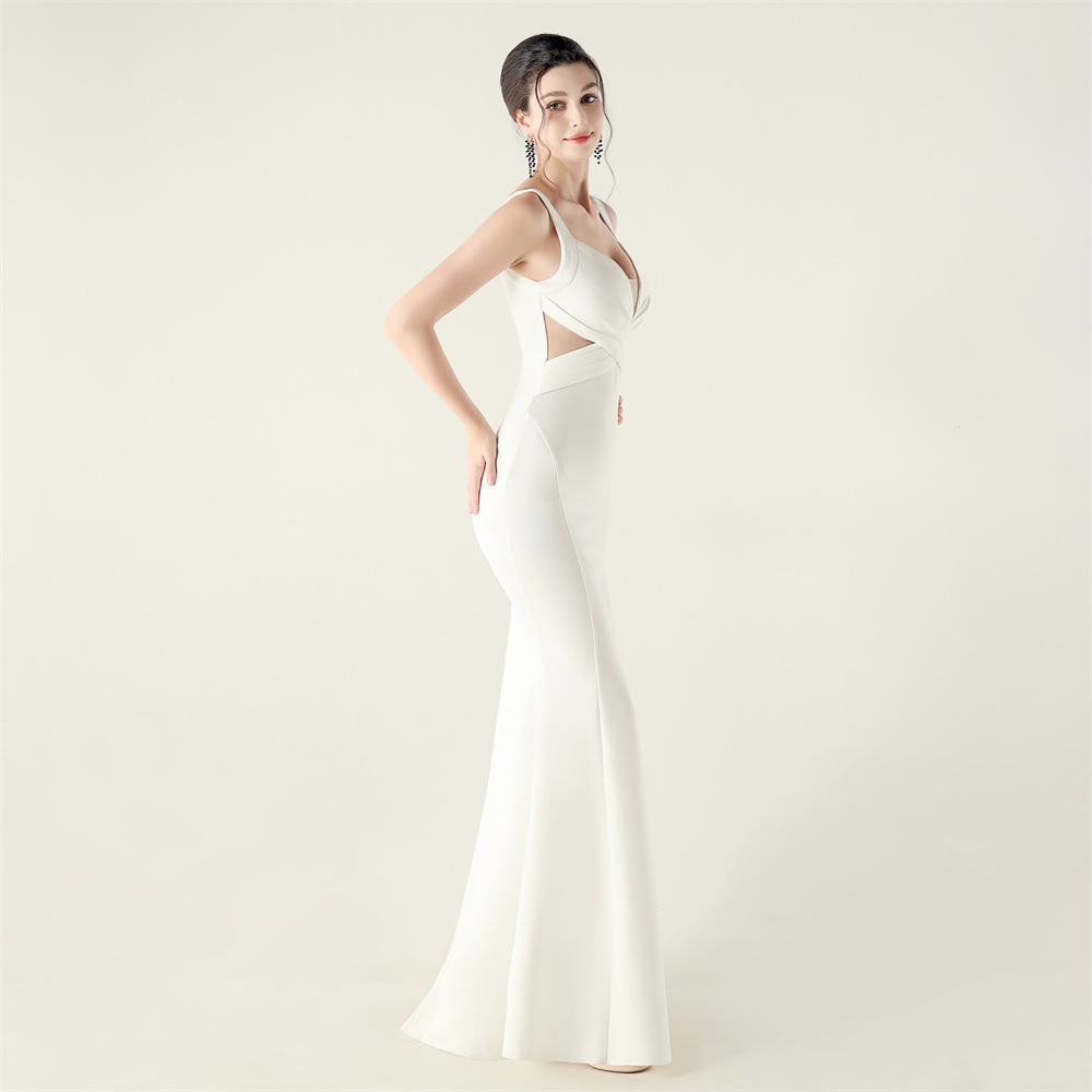 Cross gauze hollow V-neck banquet slim crimp evening dress