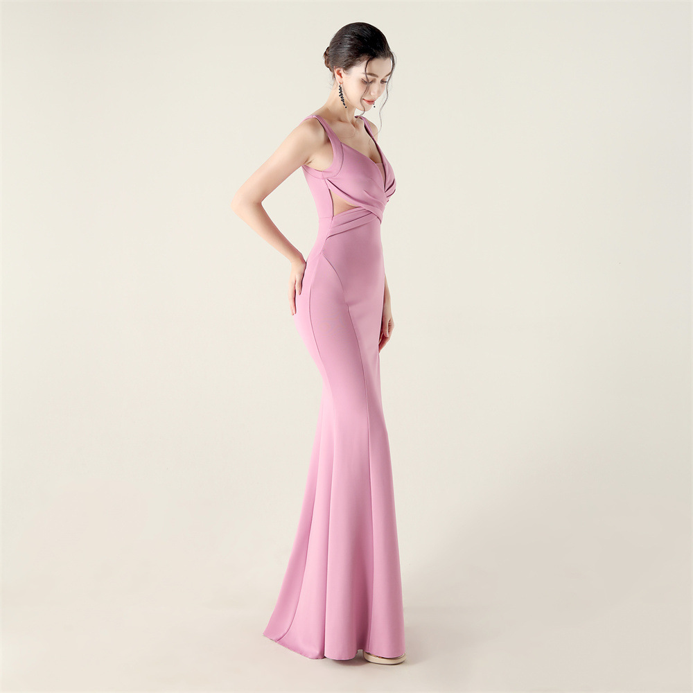 Cross gauze hollow V-neck banquet slim crimp evening dress