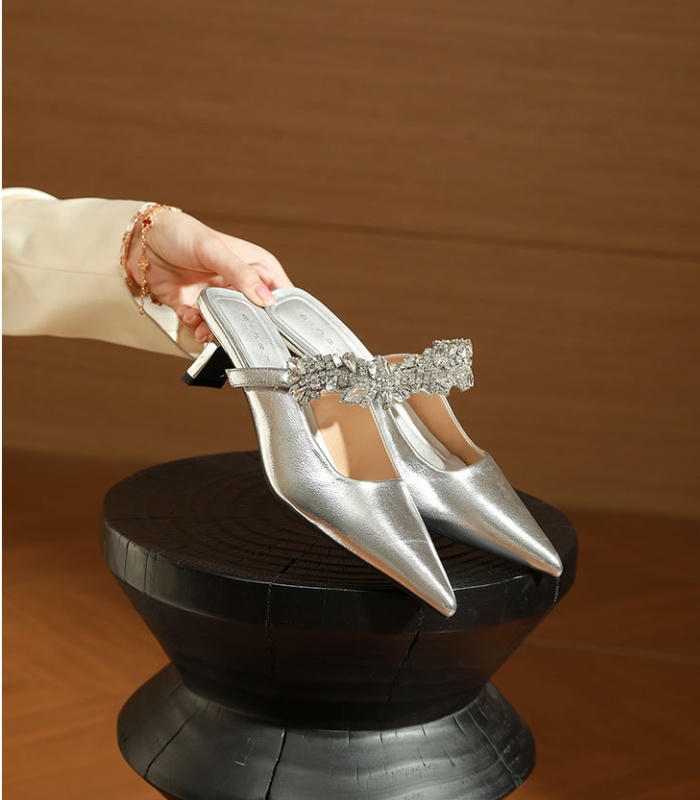 Low pointed thick shoes high-heeled summer slippers for women