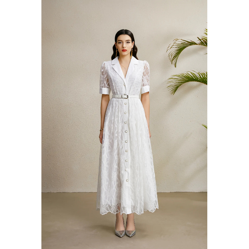 Embroidery autumn business suit lantern sleeve dress