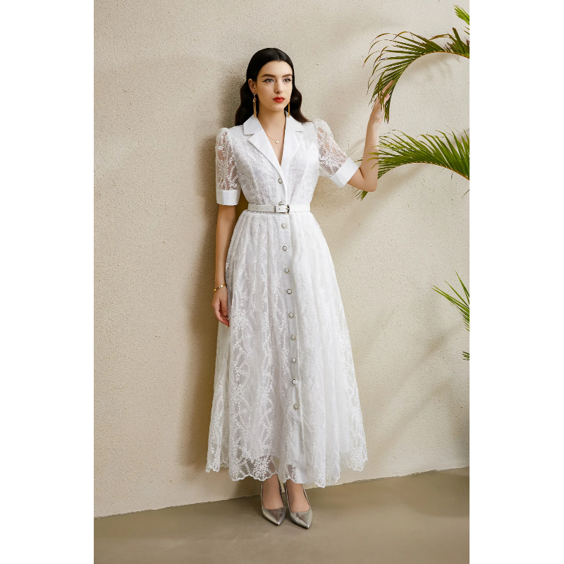 Embroidery autumn business suit lantern sleeve dress
