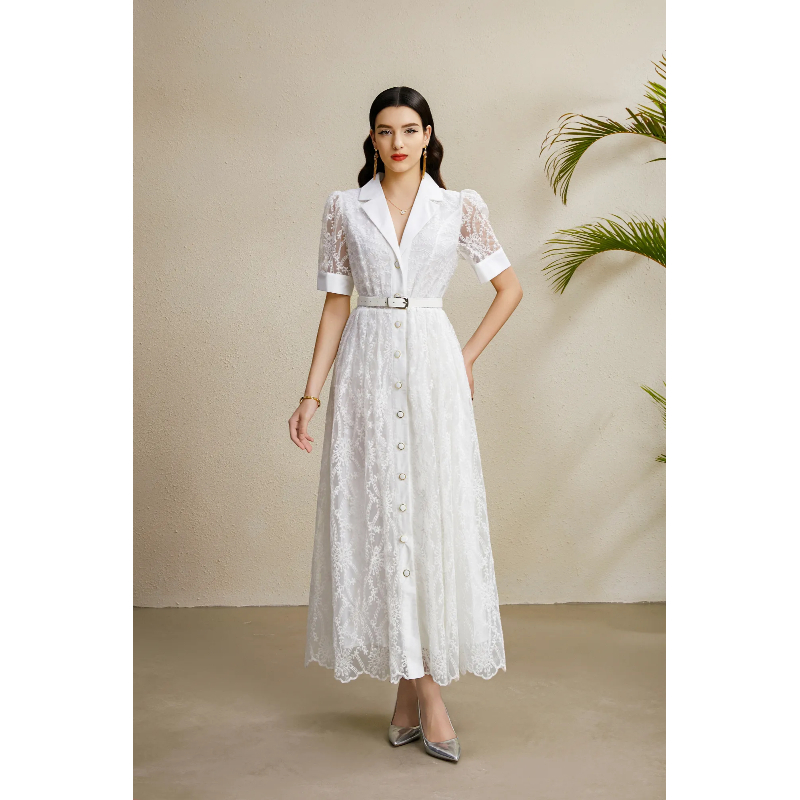 Embroidery autumn business suit lantern sleeve dress