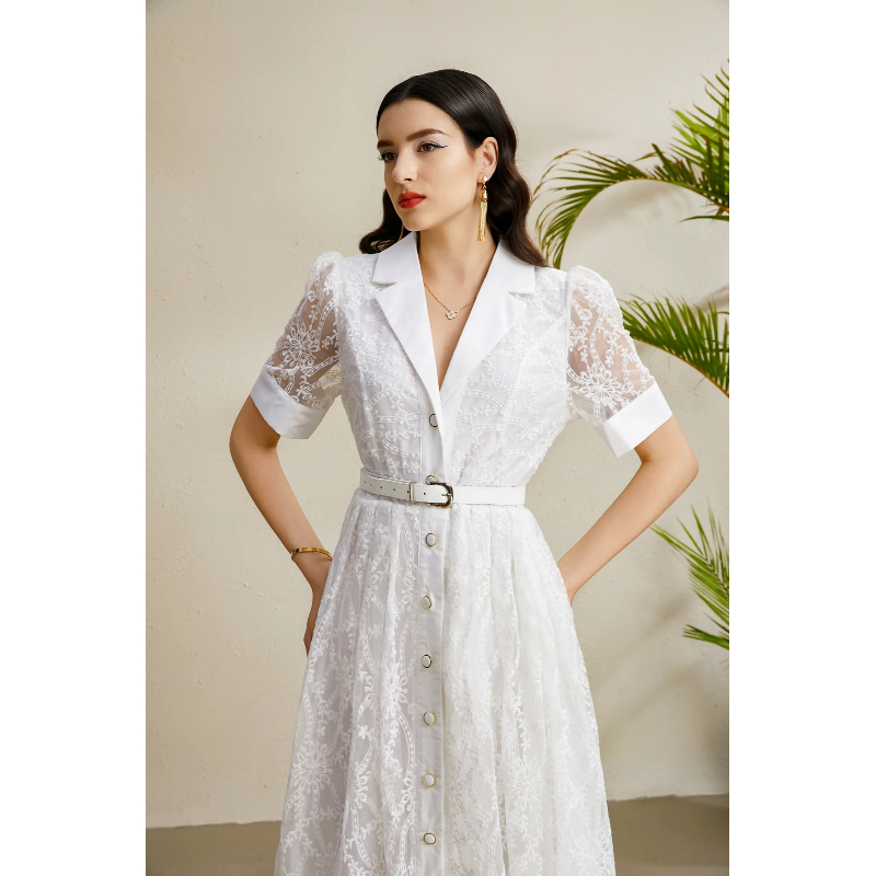 Embroidery autumn business suit lantern sleeve dress