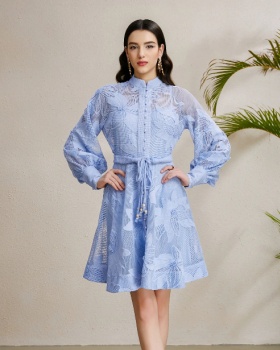 Autumn stereoscopic cstand collar lantern sleeve court style dress