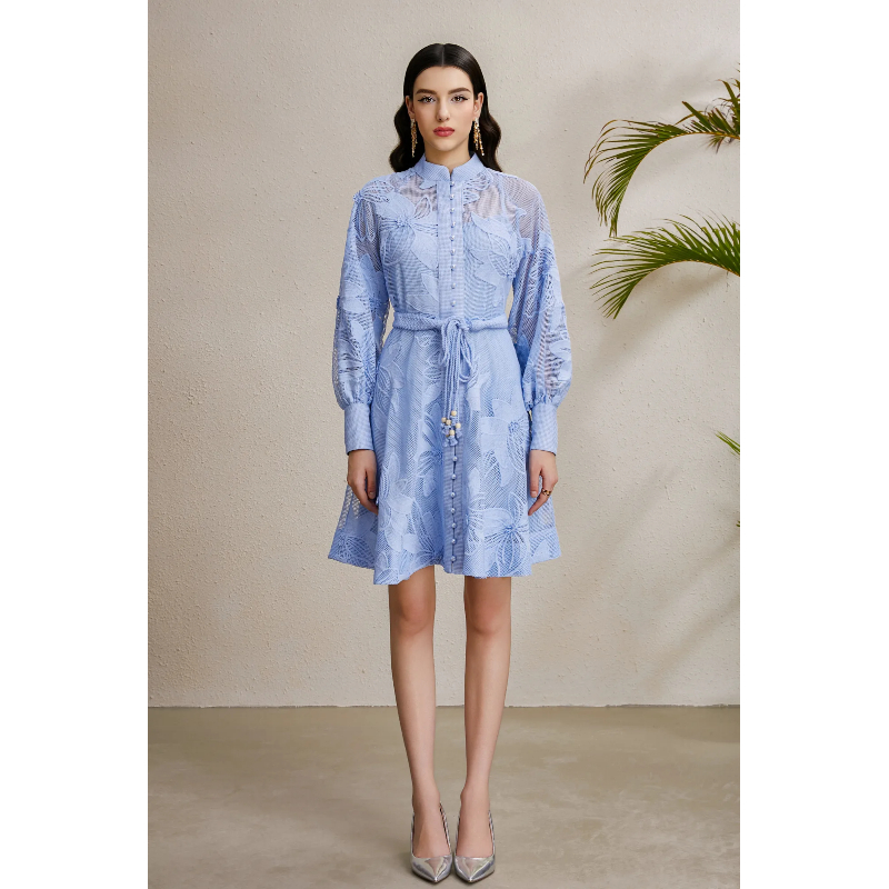 Autumn stereoscopic cstand collar lantern sleeve court style dress