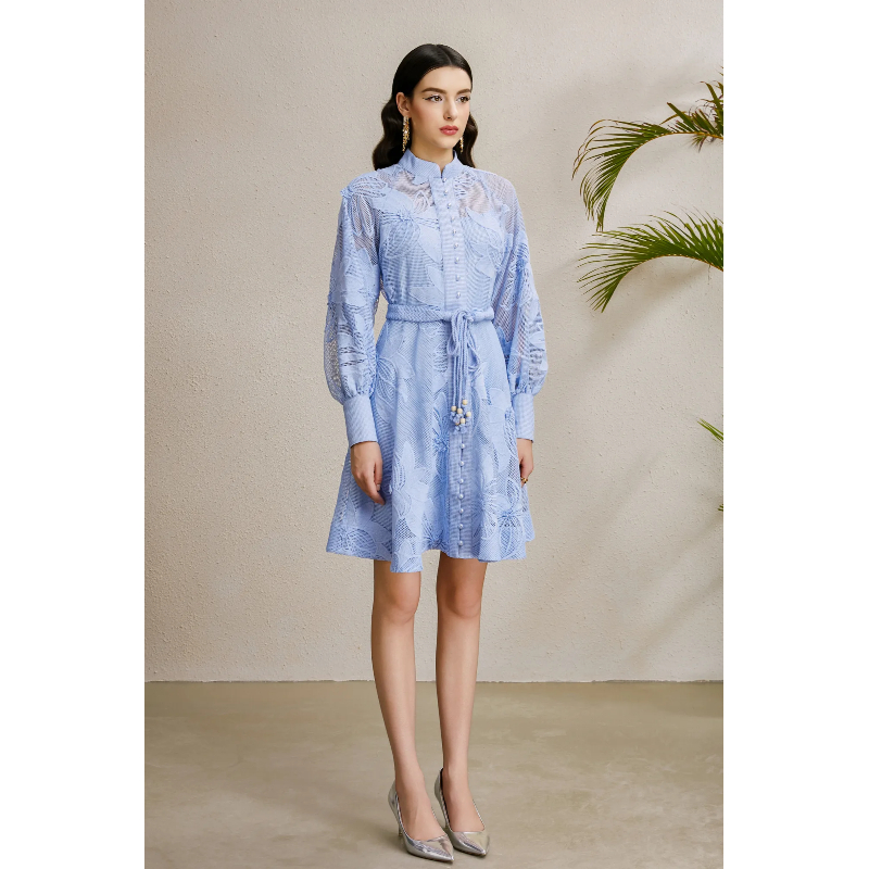 Autumn stereoscopic cstand collar lantern sleeve court style dress