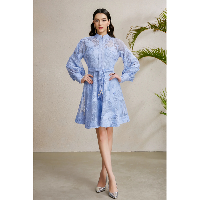 Autumn stereoscopic cstand collar lantern sleeve court style dress