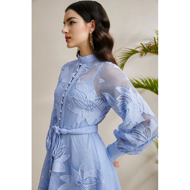 Autumn stereoscopic cstand collar lantern sleeve court style dress