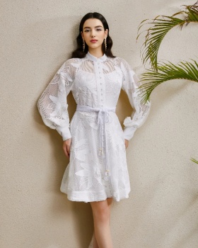 Autumn cstand collar lantern sleeve lace court style dress