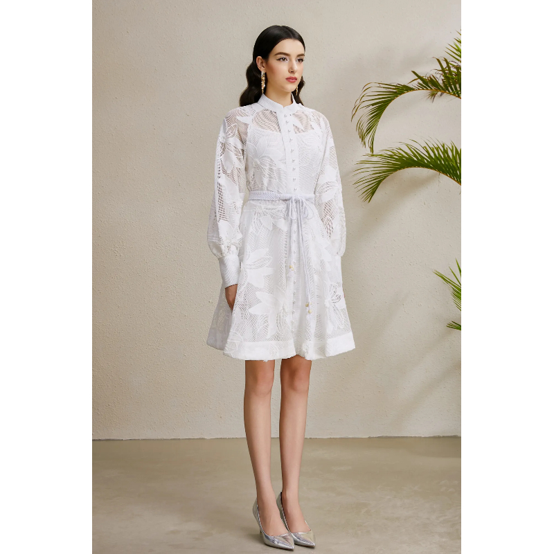 Autumn cstand collar lantern sleeve lace court style dress