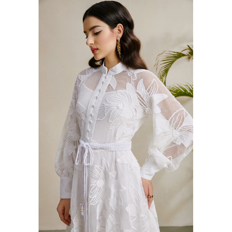 Autumn cstand collar lantern sleeve lace court style dress