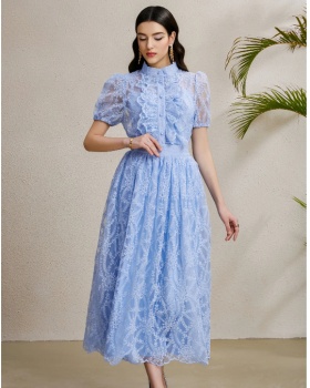 Autumn cstand collar tops puff sleeve long skirt a set