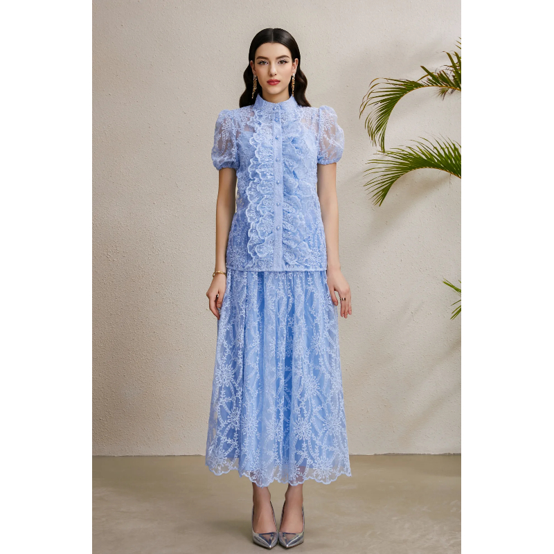 Autumn cstand collar tops puff sleeve long skirt a set
