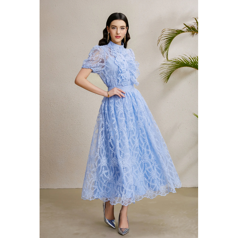 Autumn cstand collar tops puff sleeve long skirt a set