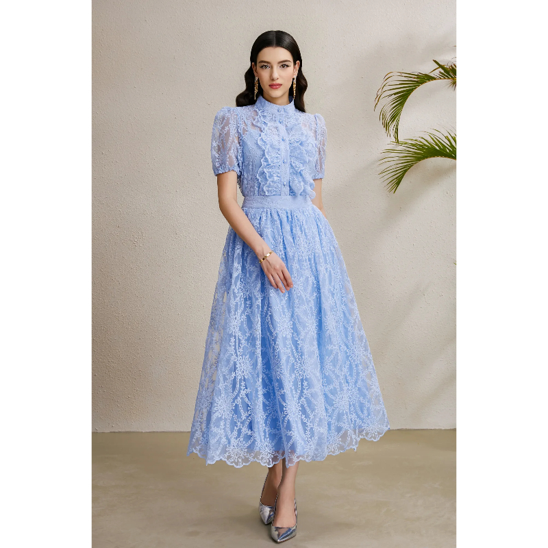 Autumn cstand collar tops puff sleeve long skirt a set