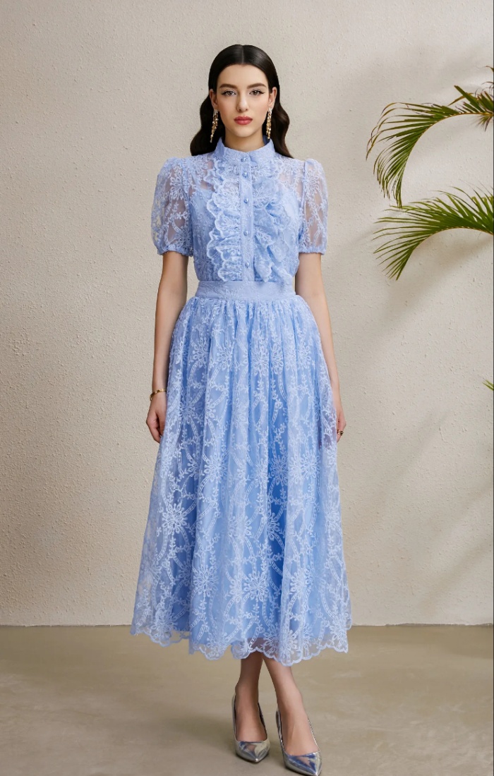 Autumn cstand collar tops puff sleeve long skirt a set