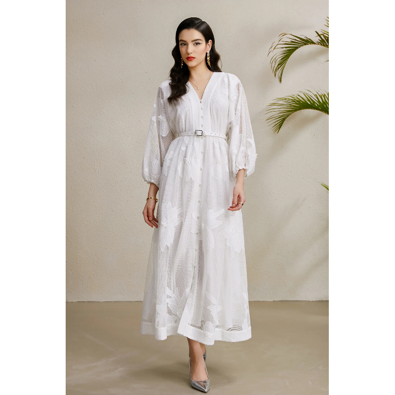 Stereoscopic vacation long lace puff sleeve colors dress