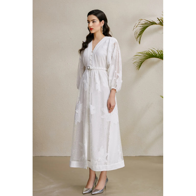 Stereoscopic vacation long lace puff sleeve colors dress
