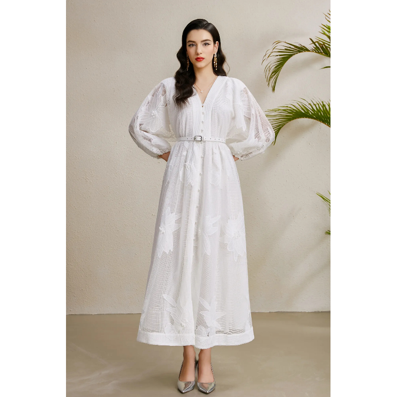 Stereoscopic vacation long lace puff sleeve colors dress