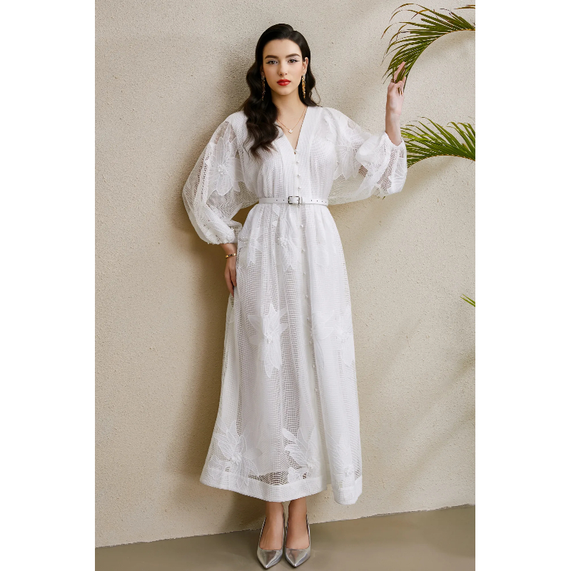 Stereoscopic vacation long lace puff sleeve colors dress