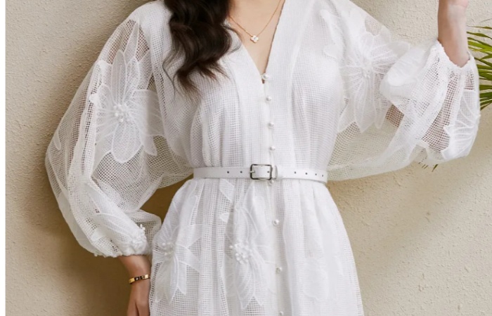 Stereoscopic vacation long lace puff sleeve colors dress