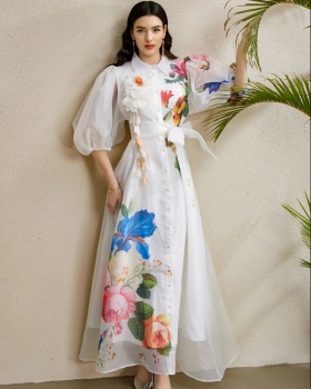 Puff sleeve vacation long stereoscopic printing lapel dress