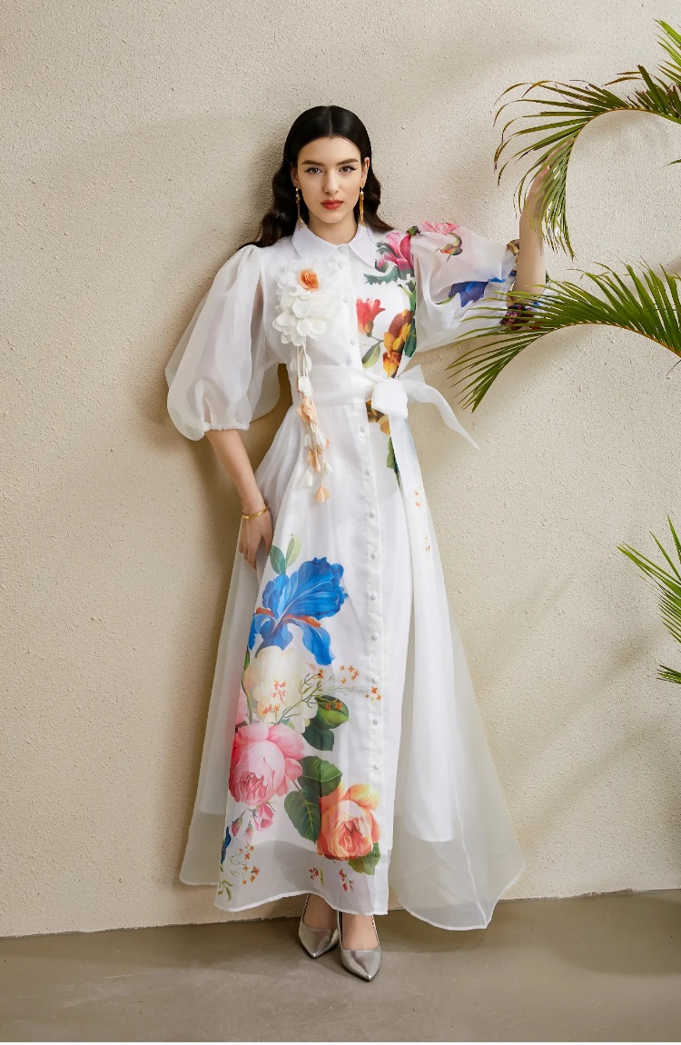 Puff sleeve vacation long stereoscopic printing lapel dress