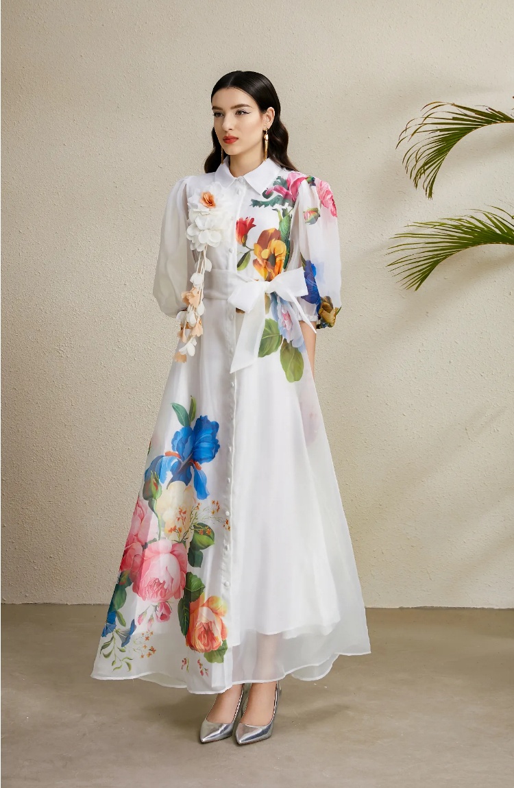 Puff sleeve vacation long stereoscopic printing lapel dress