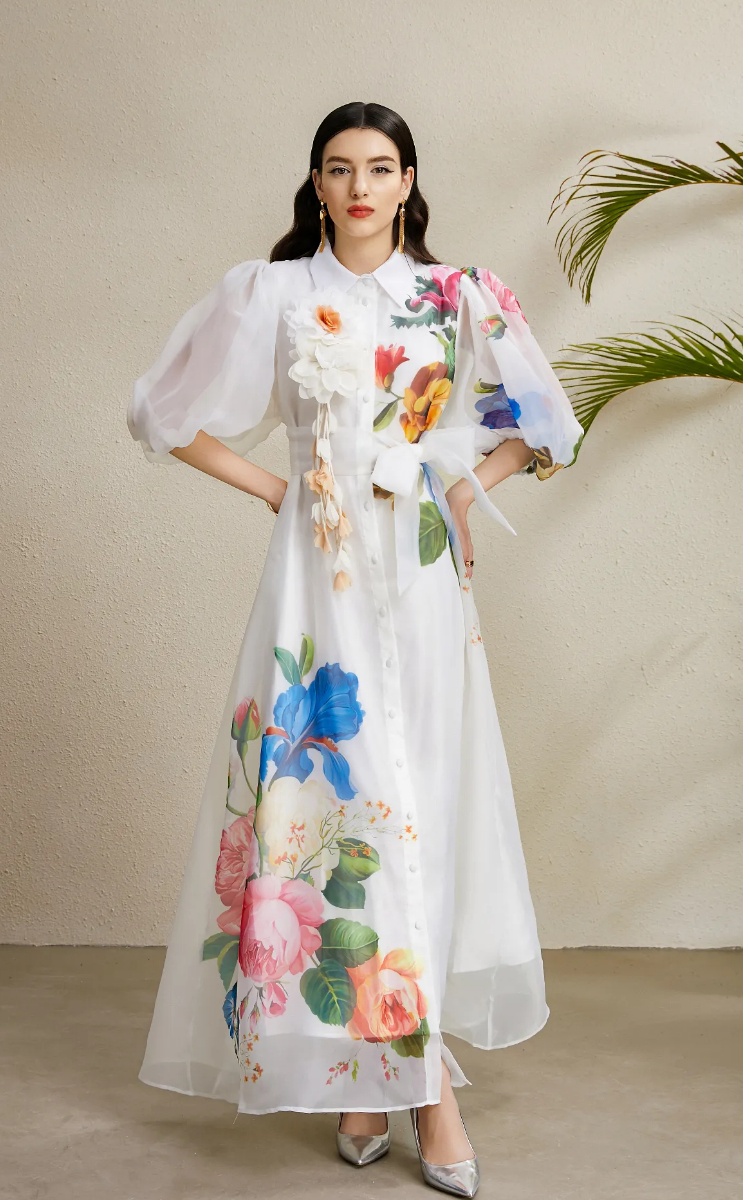 Puff sleeve vacation long stereoscopic printing lapel dress