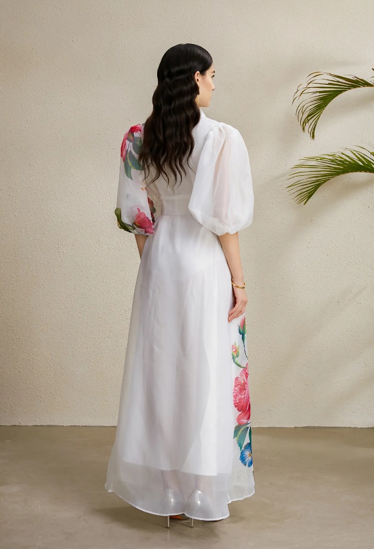 Puff sleeve vacation long stereoscopic printing lapel dress