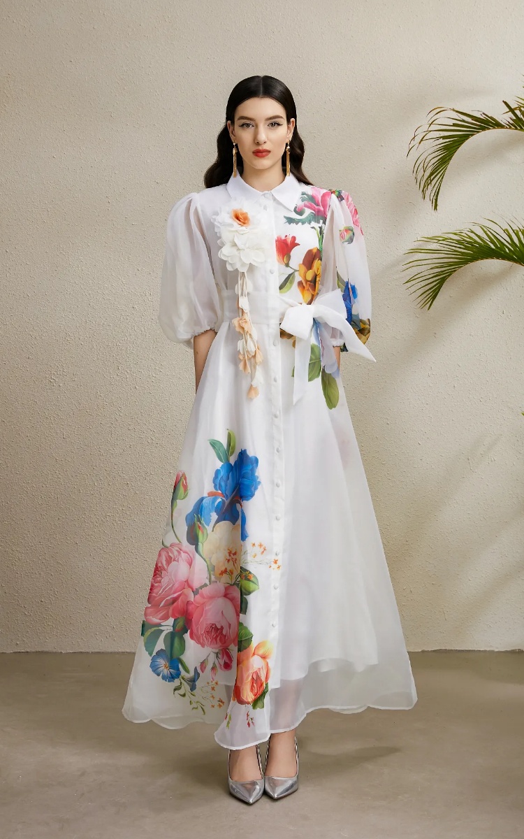 Puff sleeve vacation long stereoscopic printing lapel dress
