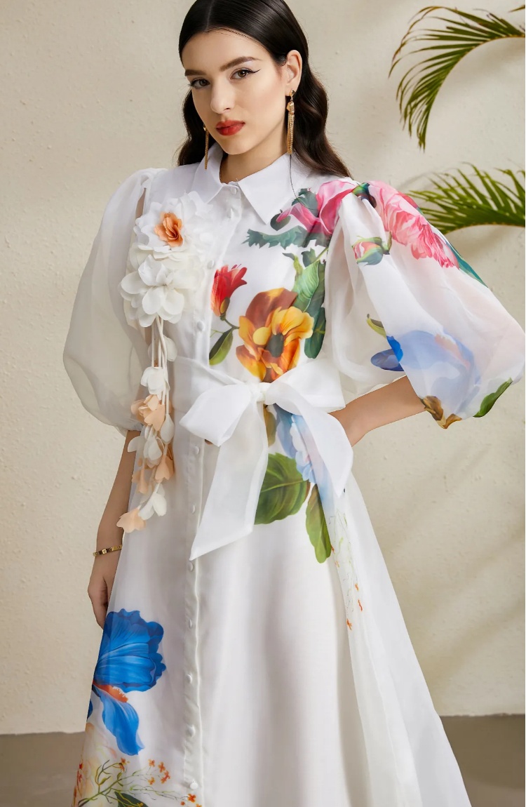 Puff sleeve vacation long stereoscopic printing lapel dress