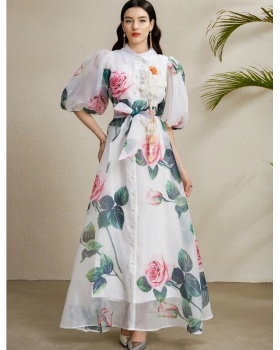Long autumn stereoscopic vacation puff sleeve dress