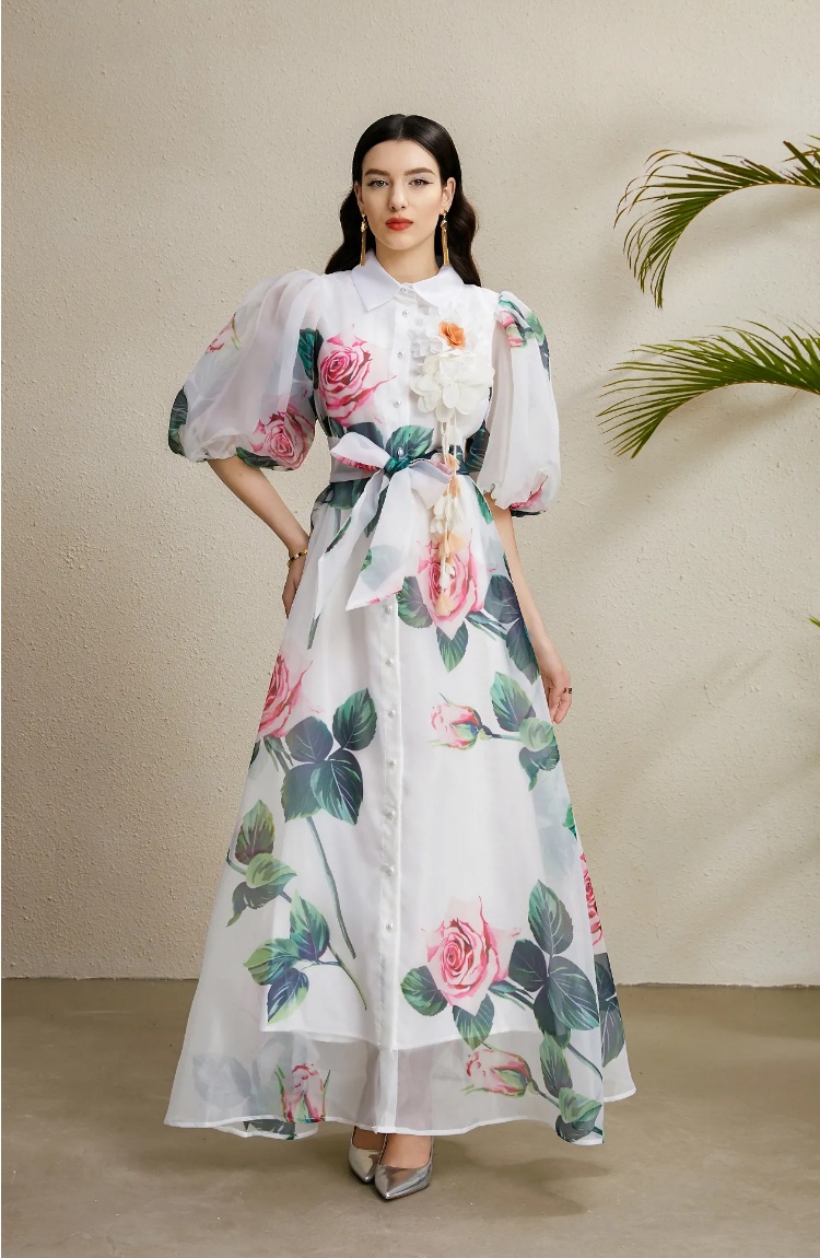 Long autumn stereoscopic vacation puff sleeve dress