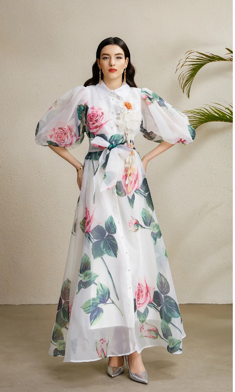 Long autumn stereoscopic vacation puff sleeve dress
