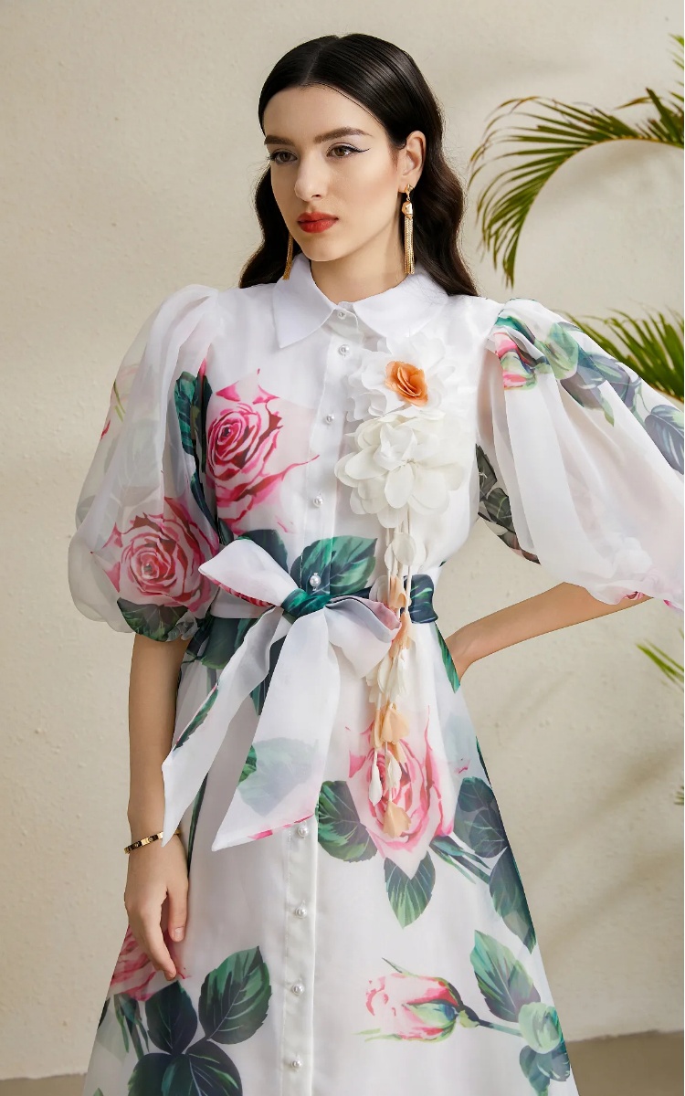 Long autumn stereoscopic vacation puff sleeve dress