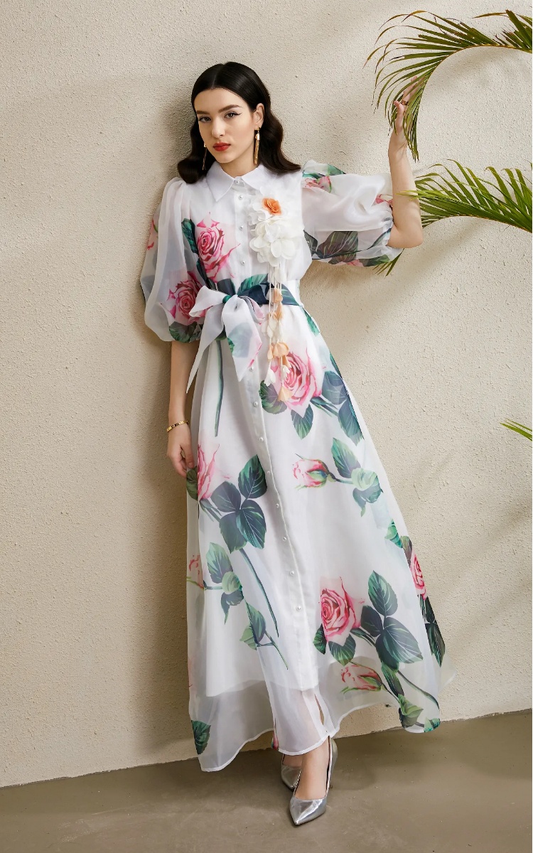 Long autumn stereoscopic vacation puff sleeve dress