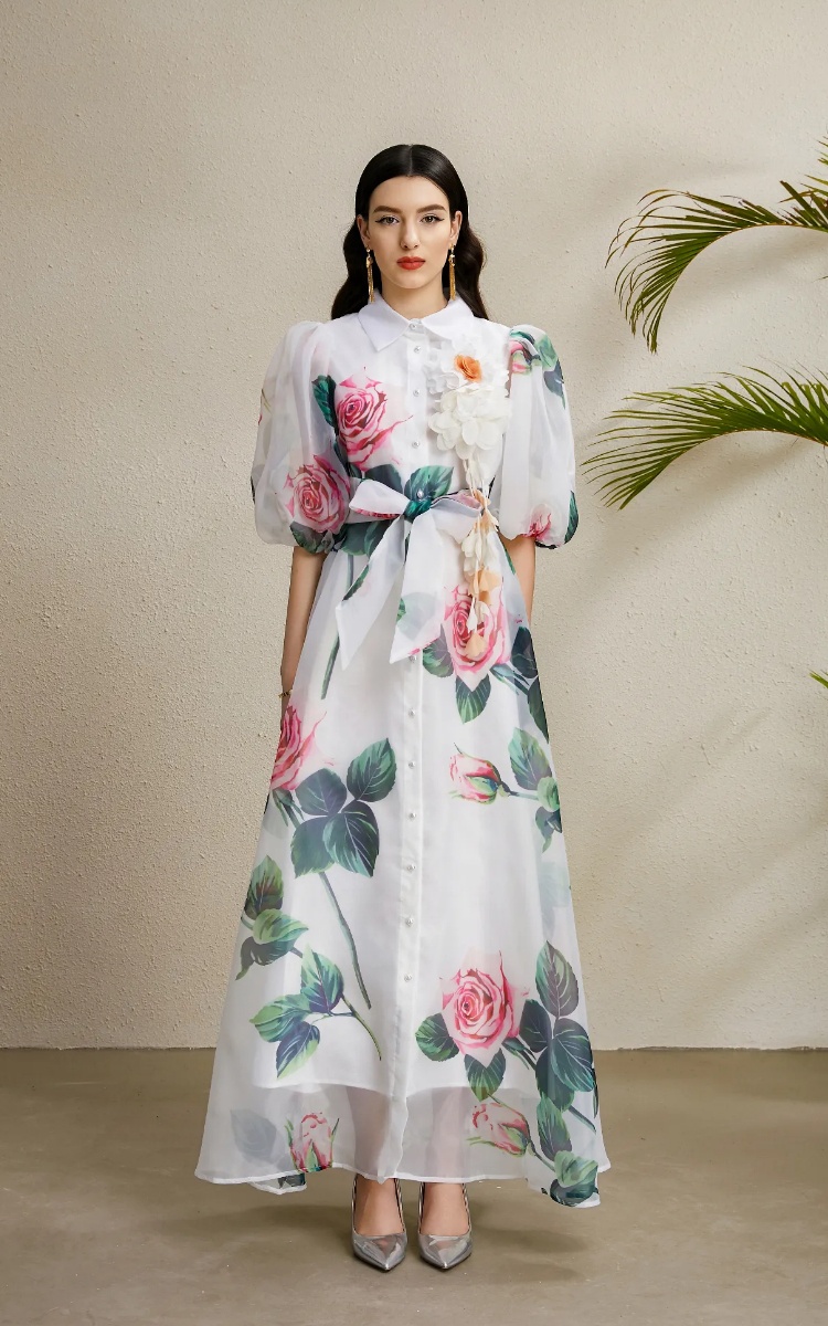 Long autumn stereoscopic vacation puff sleeve dress