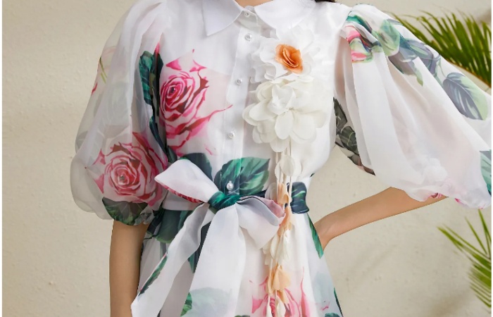 Long autumn stereoscopic vacation puff sleeve dress