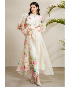 Vacation stereoscopic printing long V-neck autumn dress