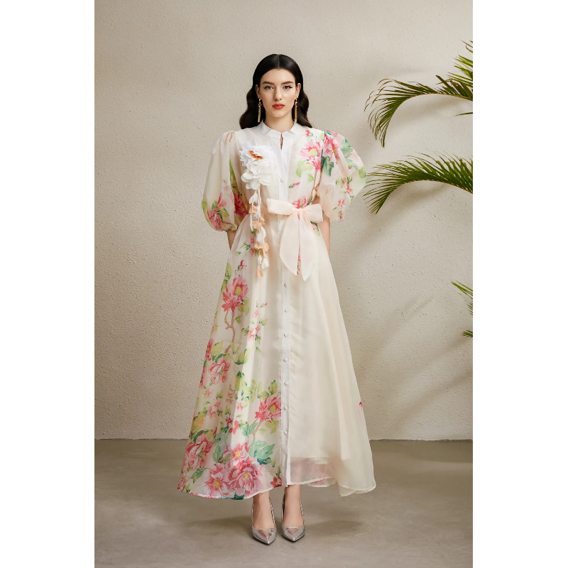 Vacation stereoscopic printing long V-neck autumn dress