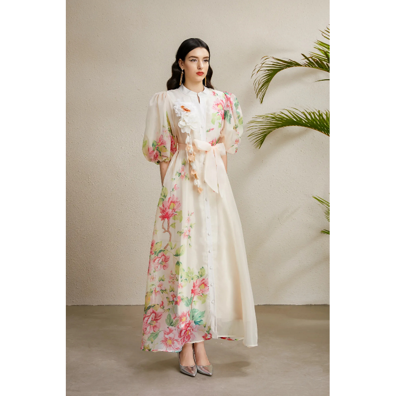 Vacation stereoscopic printing long V-neck autumn dress
