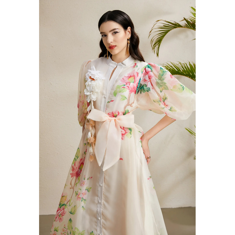 Vacation stereoscopic printing long V-neck autumn dress